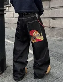 値下げ！　刺繍デザイン バギーデニム ワイドパンツ