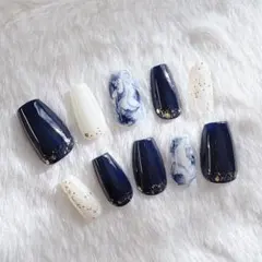 【オーダー】 ネイビー 大理石 ニュアンス ネイルチップ