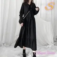 大人気 ふんわり ティアードワンピース Sサイズ 長袖 体型カバー 大人可愛い