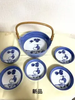 新品　有田焼　竹製取手付き漬物桶&漬物小皿5枚セット　アンティークレトロ