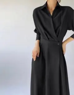 パーティードレスロングワンピース シャツドレススリムウエスト ブラックL