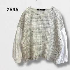 ザラ ツイード 切替 ブラウス フリンジ ラメ バルーンスリーブ トップス XS