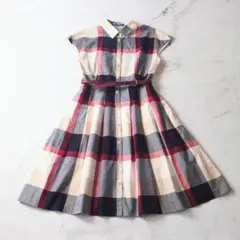 ★i ブルーレーベル シャツ チェック 半袖 ワンピース ベルト 紺 赤 グレー