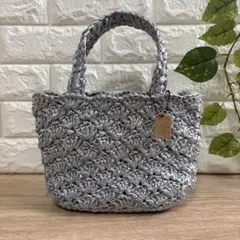 スズランテープグレーの松編みかごバッグハンドメイド　肉球皮タグ付き