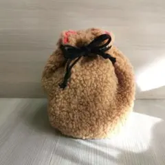 【90】丸底巾着　ボア　ギンガムチェック　ピンク