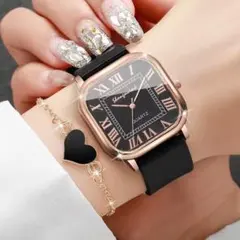 【新品】レディース腕時計　黒　四角　大きめデザイン　シンプル　ブレスレット付