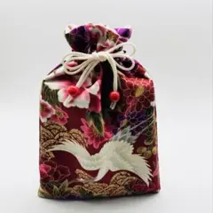 赤　金　牡丹　丹頂鶴模様　御朱印帳袋　大判サイズ　巾着袋 和柄　ハンドメイド
