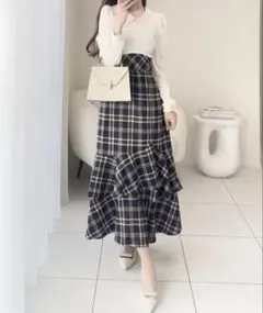 mily bilet シャツ襟チェックアシメフリルドッキングロングワンピース