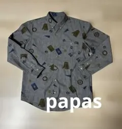Papas パパス マリン柄 長袖シャツ ボタンダウン グレー