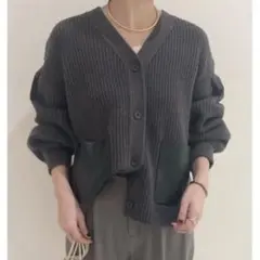 【美品】ミラオーウェン　レザーポケットニットカーディガン　ゆったり