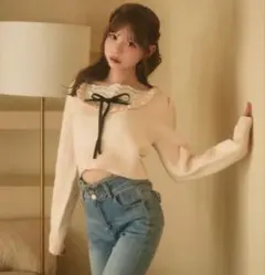 titty&co フロントフリルリボンニット セーター ピンクベージュ 地雷