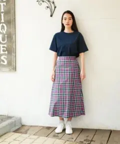 【超美品】ニコアンド むらさき ロング フレア スカート Aライン チェック柄