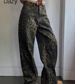 SHEIN レオパードヒョウ柄 ワイドレッグデニムパンツ