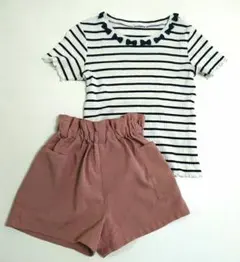 ボーダー柄リボンTシャツとピンクハーフパンツセット 130㎝