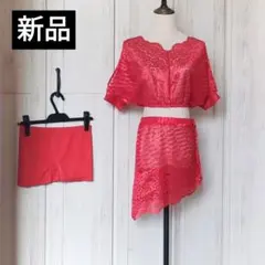 ★新品★ベリーダンス衣装赤色花柄レース3点セットアップ　レッスン着ウェア練習着のサムネイル