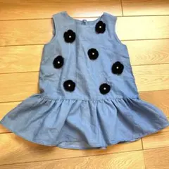 美品 プティマイン ワンピース 100 花モチーフ フリル デニム風 夏