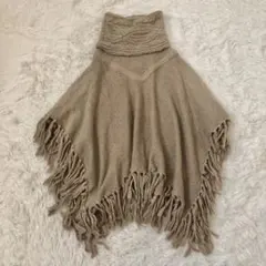 PLST タートルネックポンチョ　ウール混　モヘア　フリンジ　ベージュ　M