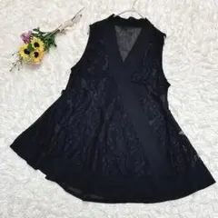 catolin　レースバラ柄　フレアベスト　ラップスタイル　Ⅴネック　ブラック