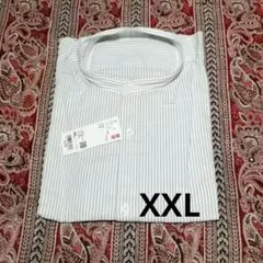 ユニクロ　リネンコットン　スタンドカラー　ストライプシャツ(長袖)　ブルー