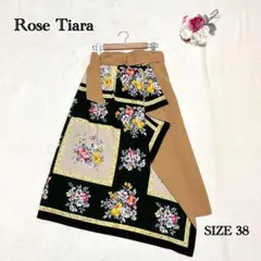 Rose Tiara アシンメトリースカーフ柄スカート38 花柄ベルト付のサムネイル