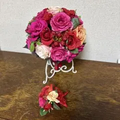 ♡ラウンドブーケ ♡ブートニア(ピン付き) ♡ブーケスタンド付き