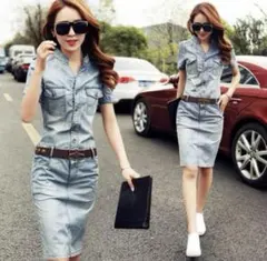 デニムワンピース 半袖 デニムスカート 秋ワンピース 膝丈 ミモレ丈 オルチャン