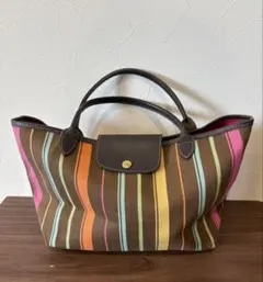 LONGCHAMP トートバッグ キャンバス レザー ストライプ　ロンシャン