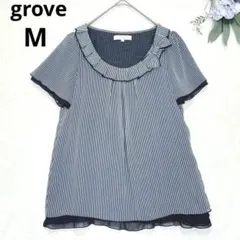 グローブ　半袖ブラウス　ストライプ　半袖シャツ　リボン　フリルネック　紺　M