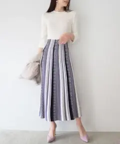 AMBIENT美品マルチストライプ フレアニットワンピース きれいめ 春夏 上品