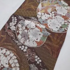 BY5342 純金 二重箔 袋帯 正絹 六通 訪問着 振袖 色無地 茶系