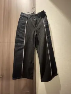 ストライプデザイン ダークブルーデニム ワイドレッグ