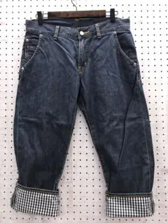 TAKEO KIKUCHI 裾裏 ギンガムチェック切替 デニム クロップドパンツ