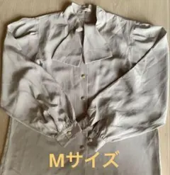 リボン付きグレー長袖ブラウス