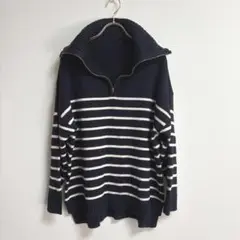 ✨2WAY✨ アルマデザイン M ハーフジップニット ゆったり ボーダー 紺
