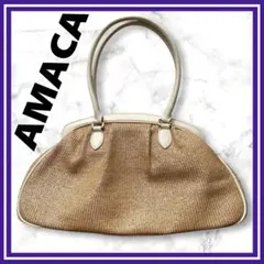 美品✨AMACA アマカ　ショルダーバッグ　ストロー素材　かご　本革　ゴールドのサムネイル