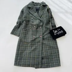 GRL チェック柄 ダブル ロングコート グリーン M チェスターコート