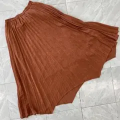 スカート プリーツ ロング丈 アシンメトリー ブラウン ウエストゴム 裏地付き