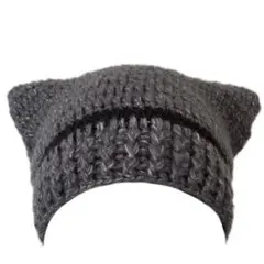 猫耳 ニット帽 グレー 黒 ハンドメイド Y2K 編み物 ビーニー キラキラ