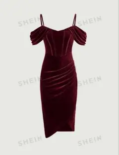 SHEIN バーガンディ オフショルダー ドレス