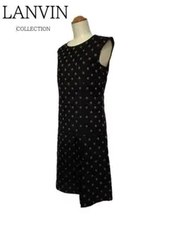 O063★ランバン ワンピース 水玉 黒 グレー 38(M 9号)春夏 絹シルク