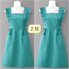 エプロン フリル リボンシンプル グリーン ポケット 撥水 冠婚葬祭 2枚セット