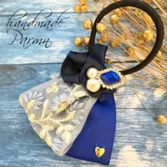大人可愛い♡インド刺繍リボン‎＆フリルのヘアゴム♥️ブルーグリーン