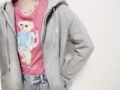 万能アイテム♡ラルフローレン　ワンポイント刺繍ショート丈フルジップパーカーグレー