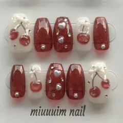 ネイルチップ 赤 さくらんぼ 韓国 ワンホン フレンチガーリー 推し活ネイル