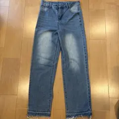 ライトブルー ストレートデニム フリンジ裾