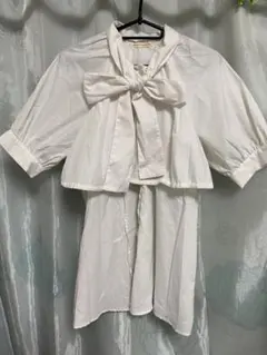 【売り切りセール】2層レイヤードドッキング　リボン　ブラウス　ミニワンピース