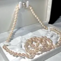 【テリ強】本真珠 ピンク系 パール ロング 2連 ネックレス 7.3-7.8mm