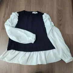 grove☆長袖ブラウス☆L☆ネイビー・ホワイト