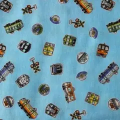 ダブルガーゼ　はぎれ　生地　電車　乗り物　水色