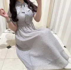 evelyn ドットロングワンピース　アイスグレー